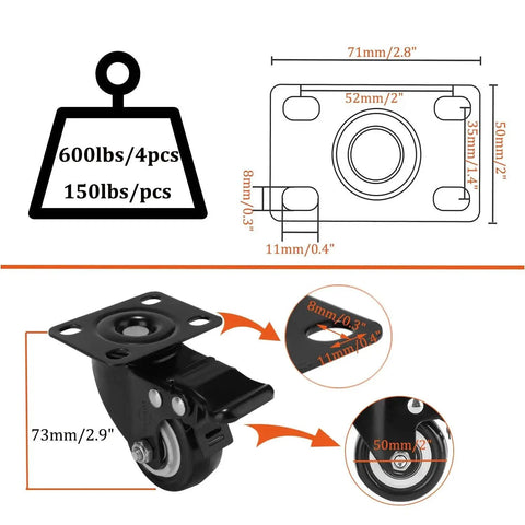 Technical diagram and close-up of 2 Inch Caster Wheels Set Of 4 With 360 Degree Swivel And Brakes Lockable Bearing Plate Casters.
