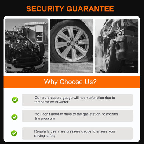 Tire pressure gauge advertisement collage: grayscale car images under Security Guarantee with Why Choose Us and green check icons.