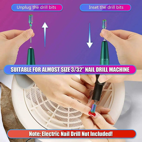 Hands inserting 30Pcs Nail Drill Bits Set With 3 32 Inch Shank Universal Kit into nail drill machine.