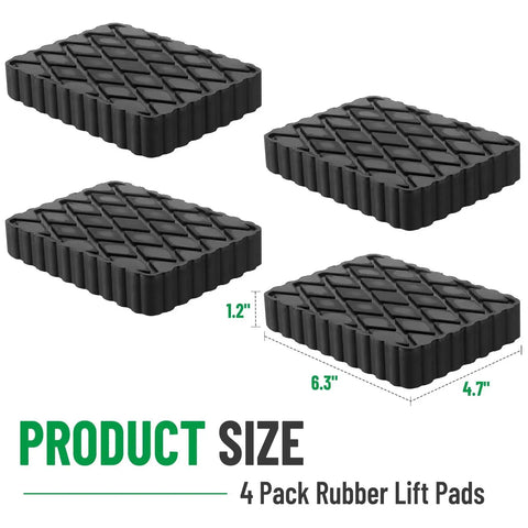 Four Pack Solid Rubber Auto Lift Pads For Car Jacks And Lifts 1800 Lb Capacity, showing size dimensions and diamond surface.