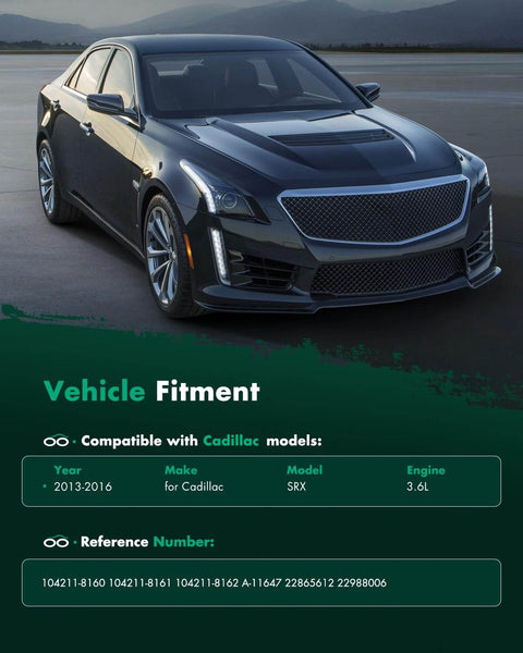 Black Cadillac SRX 2013-2016 compatible with 3.6L V6 engine, shown in brochure for alternator fitment.