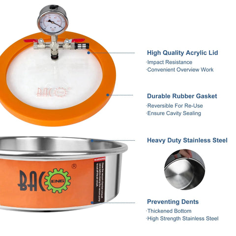 1 Gallon Flat Vacuum Chamber Kit For Resin Degassing And Epoxy Projects, Stainless Steel Chamber With Acrylic Lid, Durable Degassing For Resin Silicone And Epoxy Casting, Reusable Over 10,000 Times, BACOENG