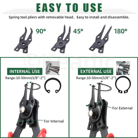 Diagram of All In One Snap Ring Kit For M4 To M28 External C Clips And E Clips With Pliers And Tweezers showing internal and external use