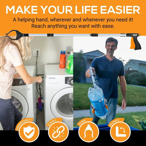 Two people using 36 Inch Folding Reacher With Magnetic Tips And 360 Degree Rotating Jaw For Seniors And Disabled EZPIK Pro Heavy Duty Grabber Tool for household tasks