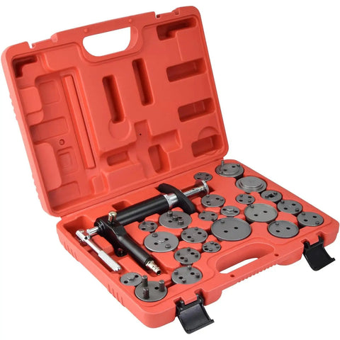 Pneumatic brake caliper tool kit in orange case with assorted discs and spreaders