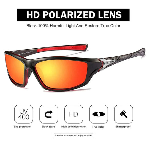 Polarized Sports Sunglasses For Men With UV400 Protection Ultralight And Durable For Cycling Driving Fishing And Outdoor Adventures Crisp Vision Glare Busting All Day Comfort Great For Running Hiking And More, featuring black and red frame, HD polarized lens.