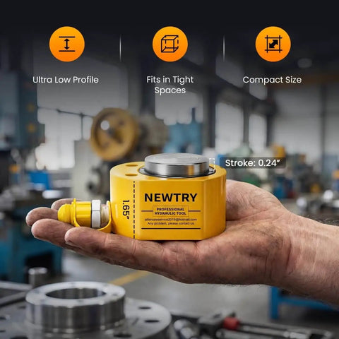 Hand holding compact 5 Ton Low Profile Hydraulic Jack Kit With CP-180 Manual Pump, yellow mini cylinder, industrial background.
