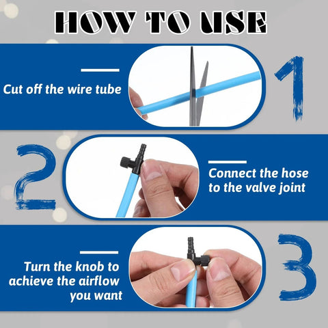 Steps showing how to use 10 Piece Aquarium Air Control Valves For 3/16 Inch ID Airline Tubing Black T Shaped Single Way Flow Controllers Regulators