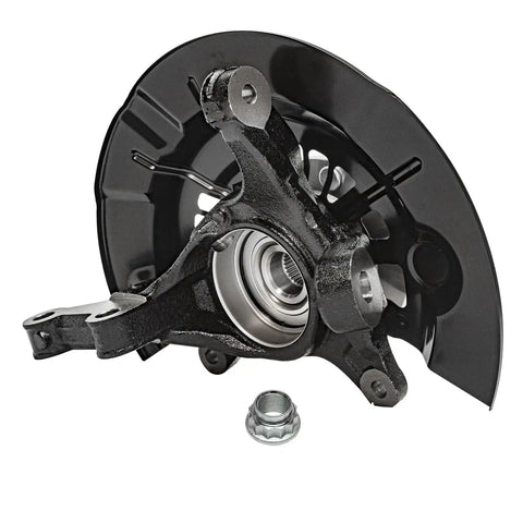 Front Two Piece Steering Knuckles With Wheel Bearing Hub Assembly For Toyota Camry 2012 2017 And Avalon 2013 2016 Replacement Drop In Ready Direct Fit OEM Style Durable Steel Upgrade For Front Suspension And Steering System, showing a close-up view of the steering knuckle and hub assembly.