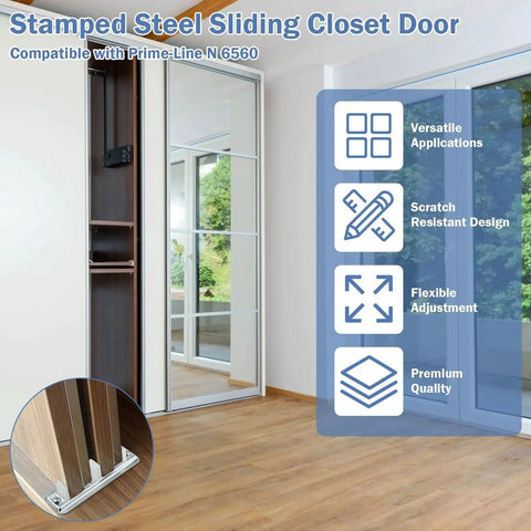 Adjustable Floor Guide For Sliding Closet Doors Two Pack Plastic Construction White Helps Keep Doors Centered On Track And Fits Three Quarter To One And Three Eighths Inch Inch Easy To Install And Quick Replacement For Long Lasting Performance shown installed on sliding closet door
