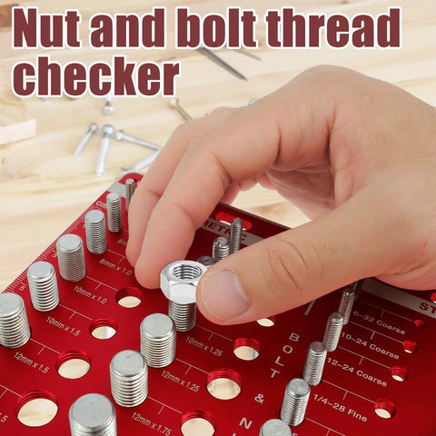 42 Piece Bolt and Nut Thread Gauge Set With 19 Standard Bolts, 15 Metric Bolts, 8 Drill Bit Gauges, Wall Mountable Pro Grade Thread Pitch Ruler In Inch And CM, CNC Aluminum And Stainless Steel in use, checking bolt sizes.