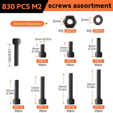 Must Have 830 Piece M2 Screw Kit With 4 6 8 10 12 16 20mm Machine Screws 12.9 Alloy Steel Black Zinc Plated Hex Socket