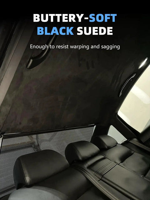 Black Suede Headliner Fabric 96 by 60 Inch Foam Backed Auto Interior Material installed in car ceiling