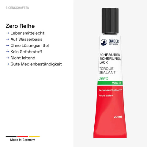Torque sealant 20ml tube, food safe, water-based, solvent-free, made in Germany. Packaging front view.