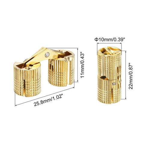 Hidden Brass Barrel Hinges Set 4 Pack 10mm Concealed Furniture Hinges shown with measurements and gold finish by uxcell.