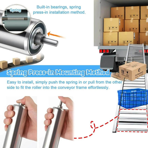Spring press-in installation for heavy duty stainless steel conveyor roller kit in warehouse setting.