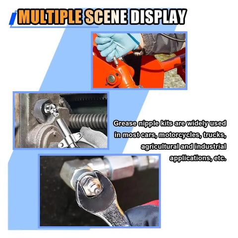 60 Piece Metric Grease Fittings Kit With M6 M8 M10 And One Quarter Inch One Eighth Inch Straight And Angled Zerk Adapters in use