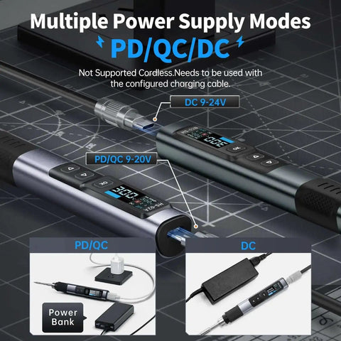 Go-To 2 In 1 Heat Set Insert Tool And Soldering Iron Kit 100W Quick Heating displaying multiple power supply modes PD QC DC