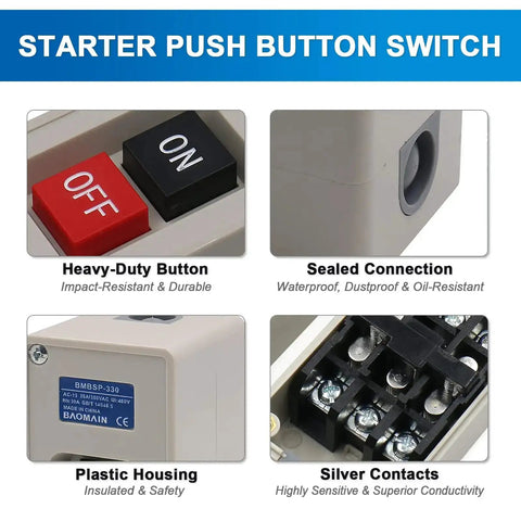 Heavy Duty 3 Phase On Off Push Button Switch With Self Locking Power For 380V And 220V 30A Motors Pumps And CNC Machines Industrial Motor Starter 3 Pole 3 Phase BMBSP 330 TBSP 330 features visible components