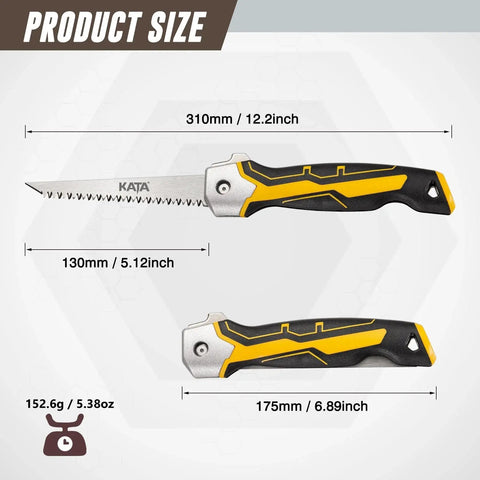 Folding Drywall Jab Saw With Soft Grip Handle For Clean Wallboard Cuts And PVC, 7TPI Triple Teeth 65Mn Steel Blade, shown folded and open with dimensions.