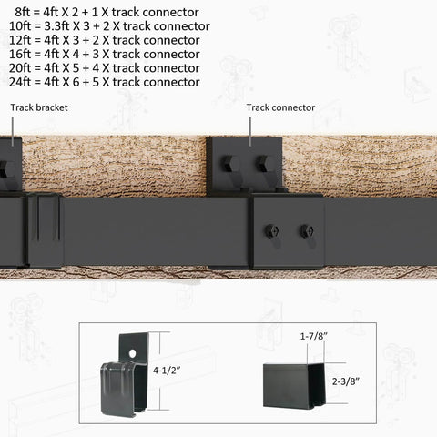 16Ft Exterior Double Sliding Barn Door Hardware Kit, Heavy Duty Wall Mount Box Track For Outdoor Use, Supports Up To 300 Lbs, Kit To Hang Two Doors, Fits 48 Inch Wide Dual Doors, shown in close-up with track bracket and connector details.