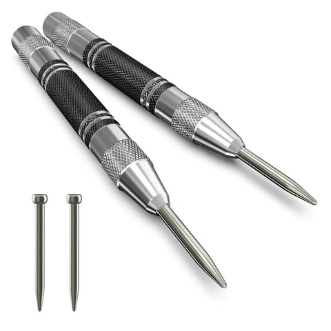 Two Pack Automatic Center Punch 5-Inch Built Tough Steel Spring-Loaded Center Hole Punch With Adjustable Tension Tool For Metal, Wood, Glass, Plastic And More; shown with replaceable tips