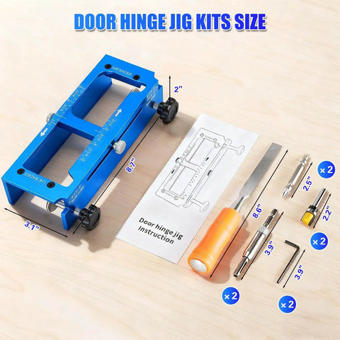 Aluminum Alloy Door Hinge Jig Adjustable Router Template Kit with file and tools for hinges, shown disassembled on table.