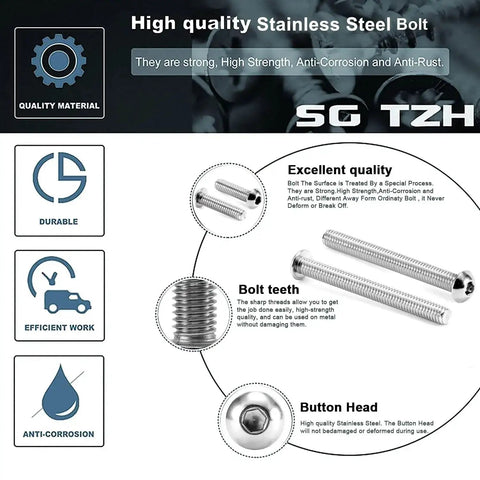 Quarter Inch By Half Inch Button Head Socket Cap Screws Twenty Pack, 1/4-20 Thread, 304 Stainless Steel 18-8 infographic