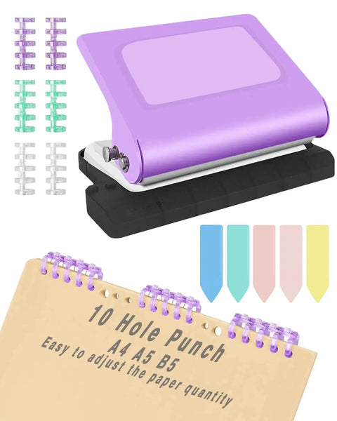 Purple 10 Hole Binding Punch For Planners with metal body, punches up to 10 sheets, works with A4 A5 B5 paper, precise hole spacing.