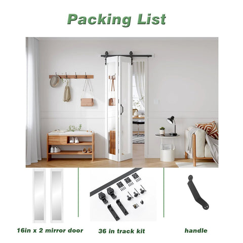 Double Bifold Barn Doors With Mirror For Closet 16x84 Inches White Finish shown in modern living room with installation pack
