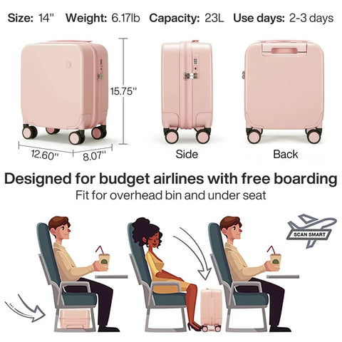 Underseat Carry On Luggage 14 Inch Spinner Wheels Lightweight Hardshell Suitcase For Short Trips Pink By Mixi size diagram