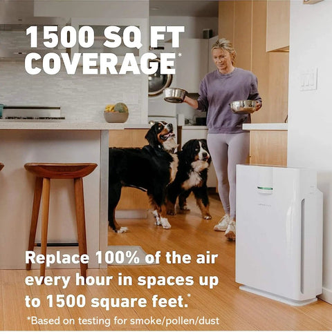 White Hathaspace HSP002 air purifier in a kitchen, two dogs nearby; covers up to 1500 sq ft.