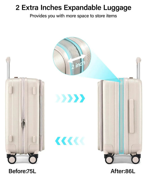 Top Opening 24 Inch Expandable Hard Shell Luggage With Wheels, showing 2-inch expansion feature from 75L to 86L capacity.