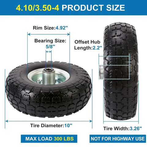 Two Pack 10 Inch Solid Polyurethane Tires For Garden Carts Hand Trucks Lawn Carts And Mowers With Flat Free Wheels, product size details
