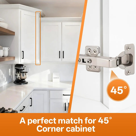 2 Pack 45 Degree Corner Cabinet Hinges For Frameless Diagonal Wall Cabinets No Fuss Easy Install 35mm European Soft Close Concealed Hinges Replacement For Frameless Doors Premium Quality Hinges in a kitchen installation.