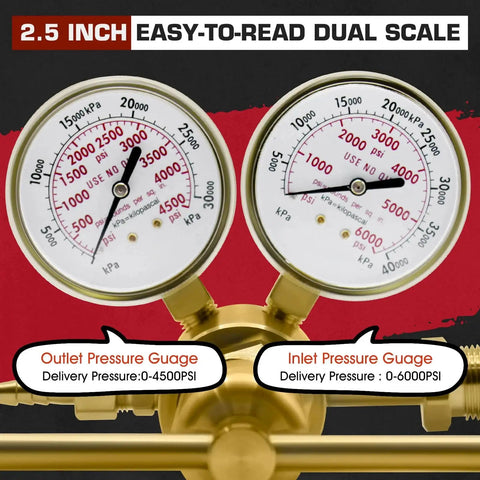 Dual gauge display of High Pressure Nitrogen Regulator with 2.5 inch gauges CGA 580, showing outlet 0-4500 PSI and inlet 0-6000 PSI.