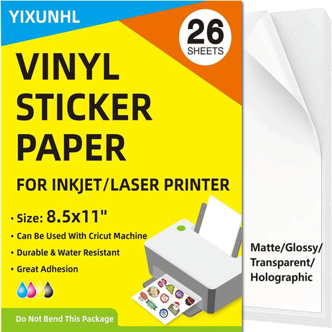 Vinyl Sticker Paper For Inkjet And Laser Printers Waterproof Glossy Self Adhesive Labels 8.5 by 11 inches 26 sheets