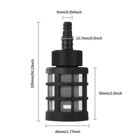 Hose inlet filter with 60-mesh stainless steel screen and check valve, for 3/8–1/2 inch hoses