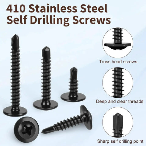 145 Piece Self Tapping Screws Set For Metal Projects In 410 Stainless Steel With Black Zinc Plating, Truss Head Design