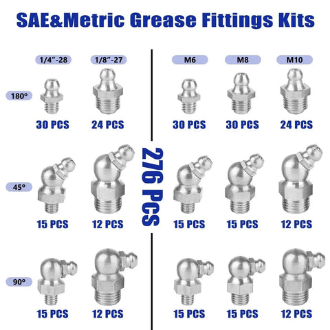 Heavy Duty 276 Piece SAE And Metric Grease Fittings Kit With One Quarter Inch And One Eighth Inch Fittings M6 M8 M10