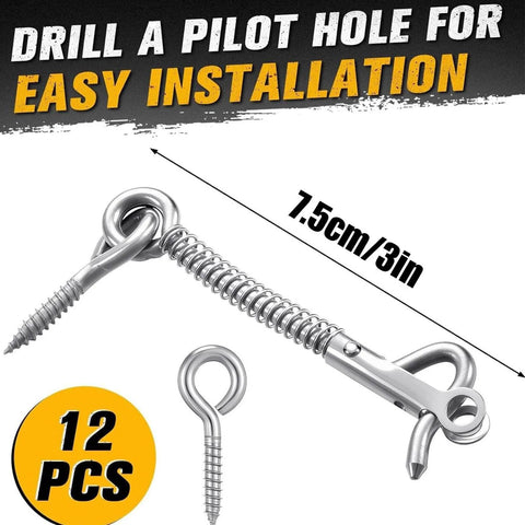 Stainless Steel Gate Latch Kit With Hook And Eye Fasteners, 12-Piece Outdoor Privacy Security Hardware shown with dimensions.