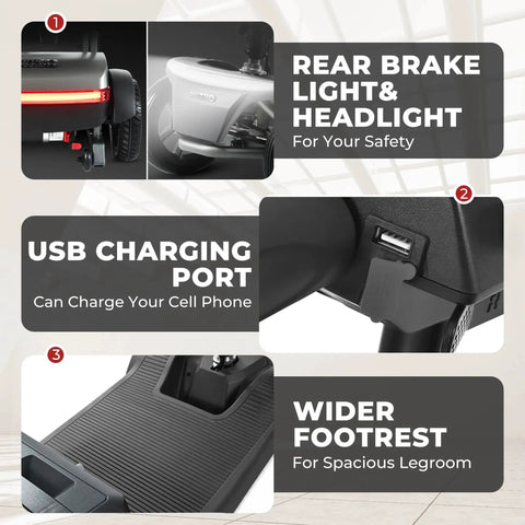 Metro Mobility 4-Wheel mobility scooter, black; USB charging port, LED headlights, wide footrest.