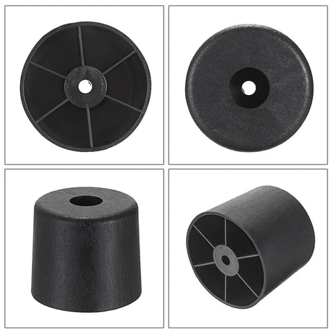 Four 2 Inch Plastic Furniture Legs Screw In Replacement Kit For Sofa Couch Chair Table Cabinet Beds With Easy Install Pre Drilled Holes And Mounting Screws Cylinder Design, black plastic cylinder furniture legs shown from different angles