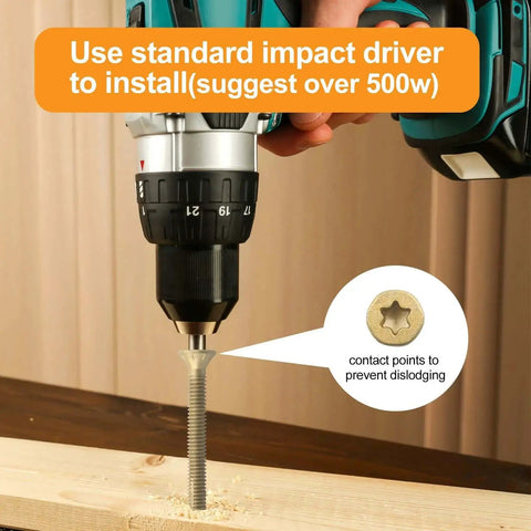 Twelve By Two And A Half Inch Reamer Tek Screws For Wood To Metal With Torx T25 Drive, being drilled into wood with impact driver
