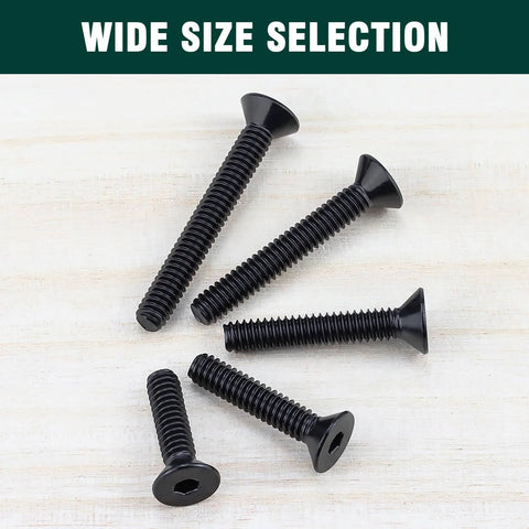 10-32 By 3/4 Inch Flat Head Socket Head Cap Screws Black Oxide Coated 304 Stainless Steel 18-8 Full Thread Coarse Hex Drive 1/8 Inch 50-Pc Set Tough-As-Nails Built For DIYers And Outdoor Use shown in different sizes on a wooden surface