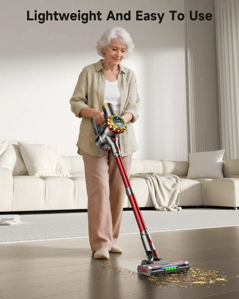AIPOWAY cordless vacuum cleaner with red wand, lightweight stick vacuum for hardwood floors and carpet