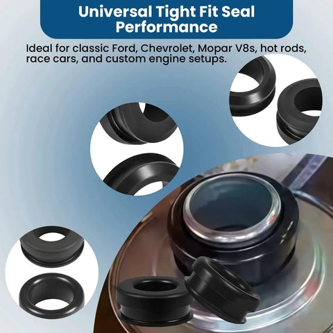 Valve Cover Breather Grommet Set for 1.25 Inch Filler Breather Holes 2 Pack With 0.75 and 1 Inch Inner Diameters Oil and Heat Resistant PVC Cover Grommets Fits SBC BBC SBF Chevy Ford V8 Engines Universal Valve Cover Vent System, shown in close-up and installed views.