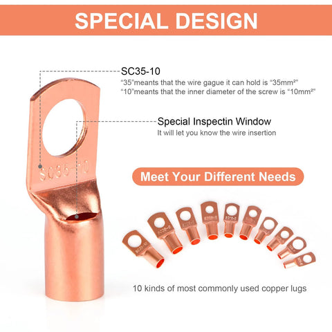 Copper wire lug set with bare copper eyelets and ring terminals, includes heat shrink tubing, 130pcs