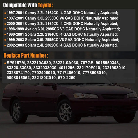 Toyota Fuel Pump Assembly Replacement for Camry, Avalon and Solara with compatibility and part numbers displayed.