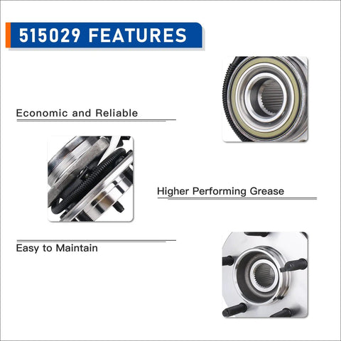 Front Wheel Hub And Bearing Assembly 515029 For 2000-2003 Ford F-150 And 2004 Heritage 4WD With ABS, close-up details, feature highlights